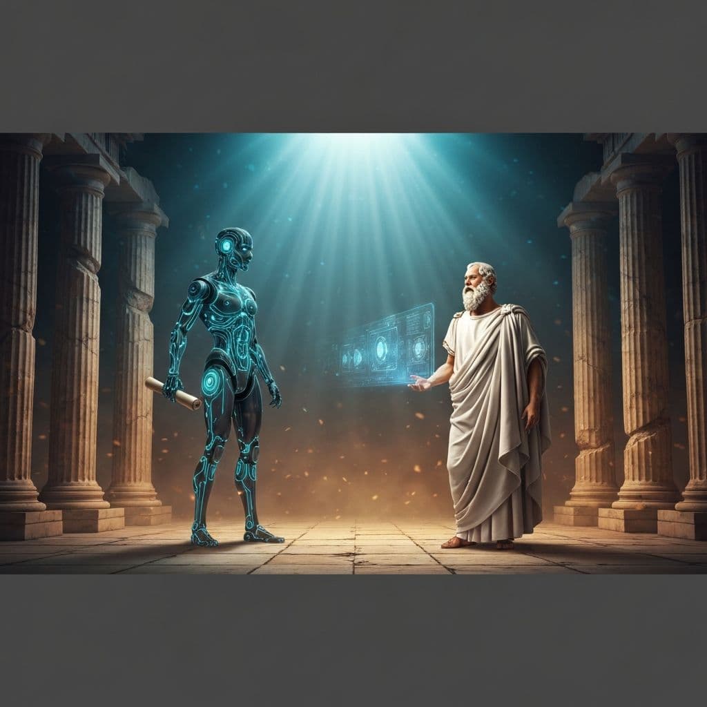 Un robot de inteligencia artificial enfrentando a un filosofo griego clasico en una arena epica